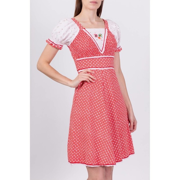 70s Red & White Floral Puff Sleeve Mini Dress - Extra‎ Small - Picture 3 of 6